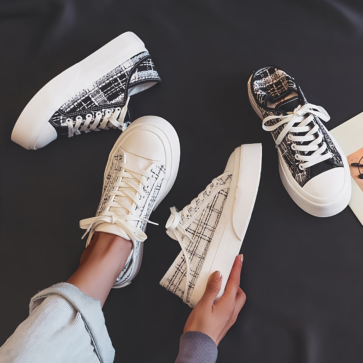 Canvas Platform Sneakers Plaid Lace Up Shoes Women's Footwear