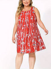  Floral Print Tank Dress Round Neck Slight Stretch