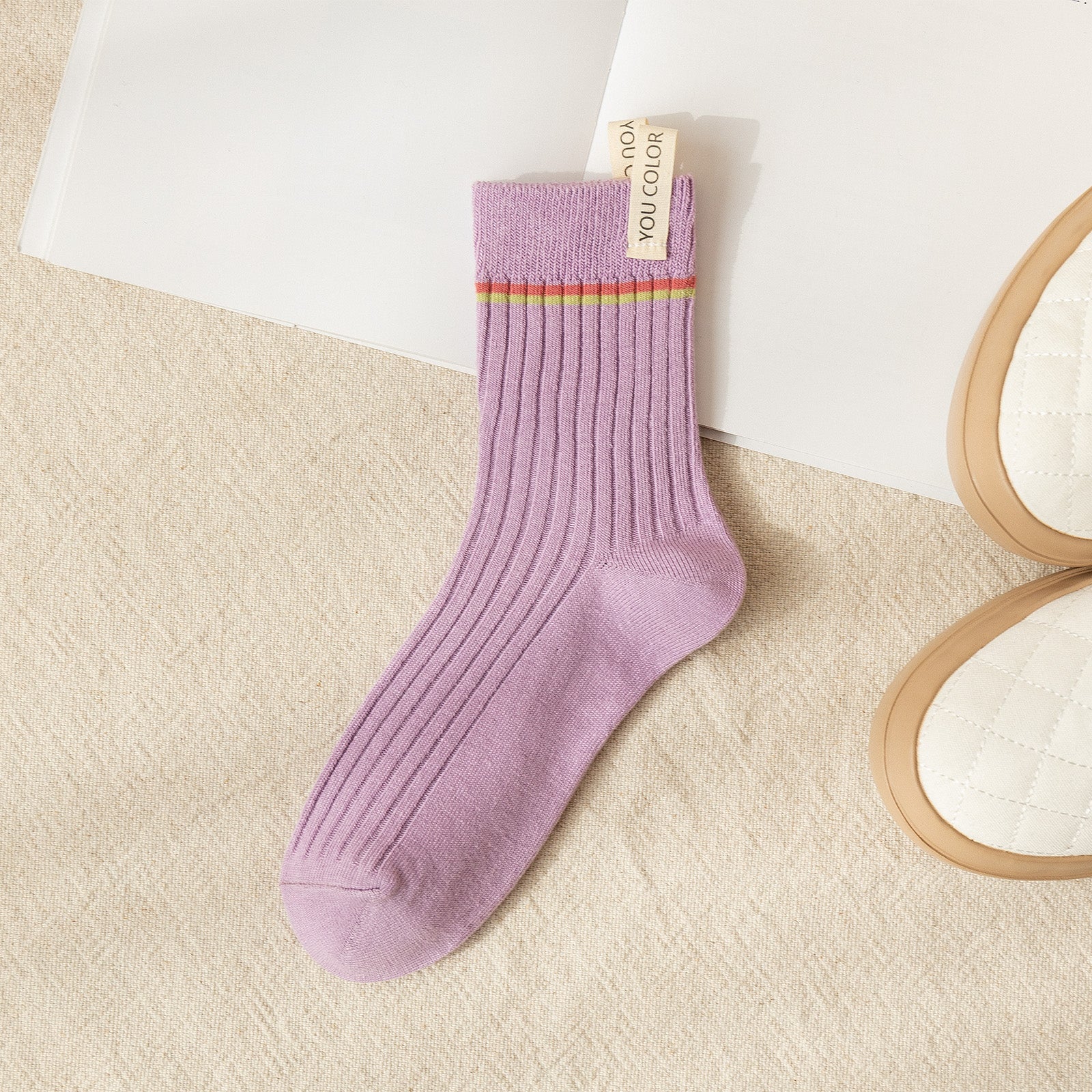 2 Pairs Striped Mid Tube Socks Crew Length Stockings Women's Hosiery