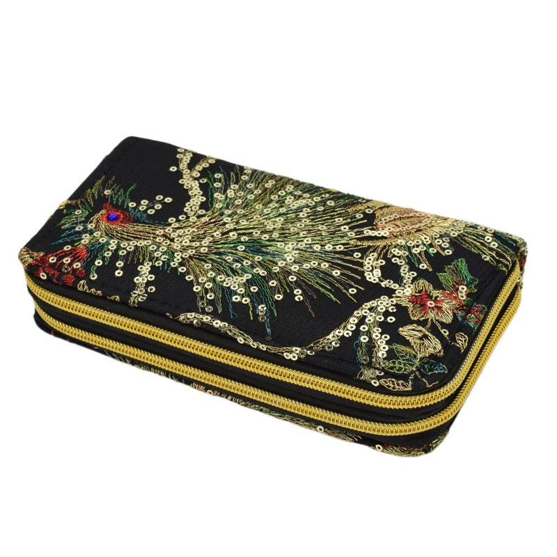 Women's Embroidery Wallet Peacock Print Clutch Layered Phone Bag
