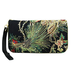 Women's Embroidery Wallet Peacock Print Clutch Layered Phone Bag