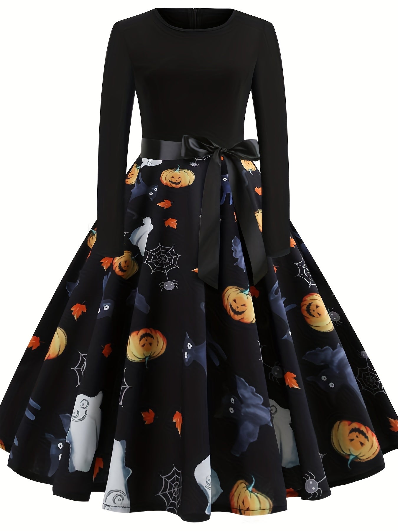  Women's Ghost & Spider Web Print A-Line Dress