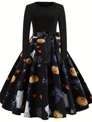  Women's Ghost & Spider Web Print A-Line Dress