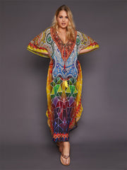 Colorful Graphic Print Kaftan Dress Loose V Neck Maxi Vacation Dress