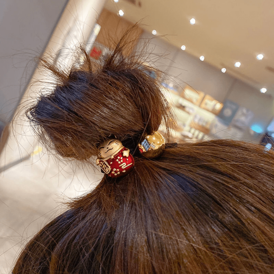 Lucky Cat Rubber Band Golden Beads Hair Ring Hair Rope Hair Accessorie