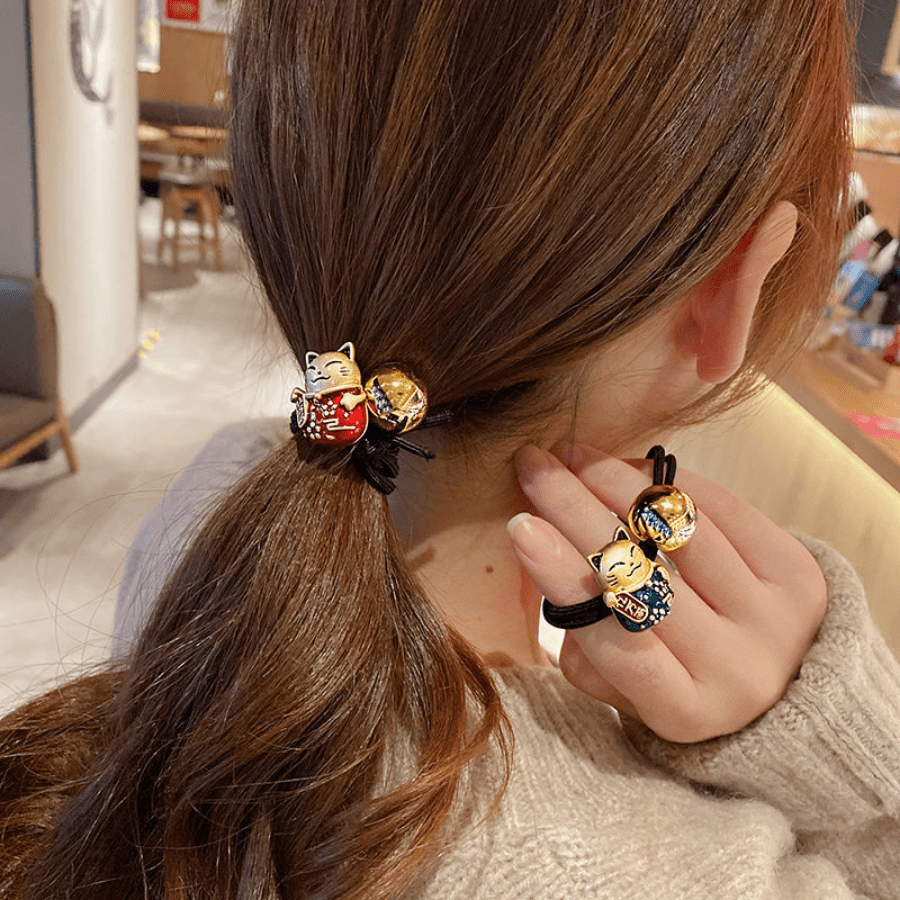 Lucky Cat Rubber Band Golden Beads Hair Ring Hair Rope Hair Accessorie