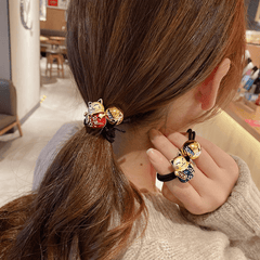 Lucky Cat Rubber Band Golden Beads Hair Ring Hair Rope Hair Accessorie