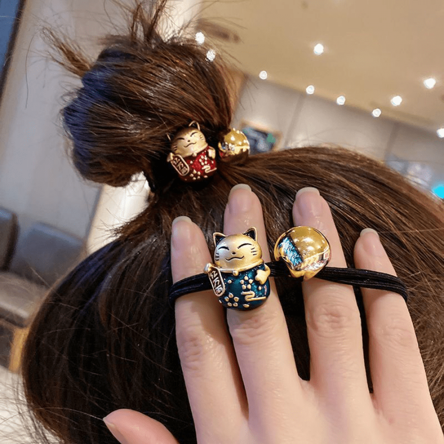 Lucky Cat Rubber Band Golden Beads Hair Ring Hair Rope Hair Accessorie