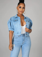 Short Sleeves Denim Jacket with Flap Pockets