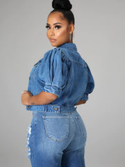 Short Sleeves Denim Jacket with Flap Pockets