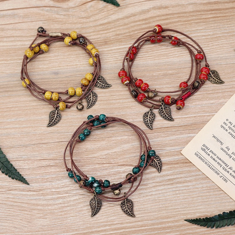 Boho Rope Bracelet with Leaf Shaped Stone Beads