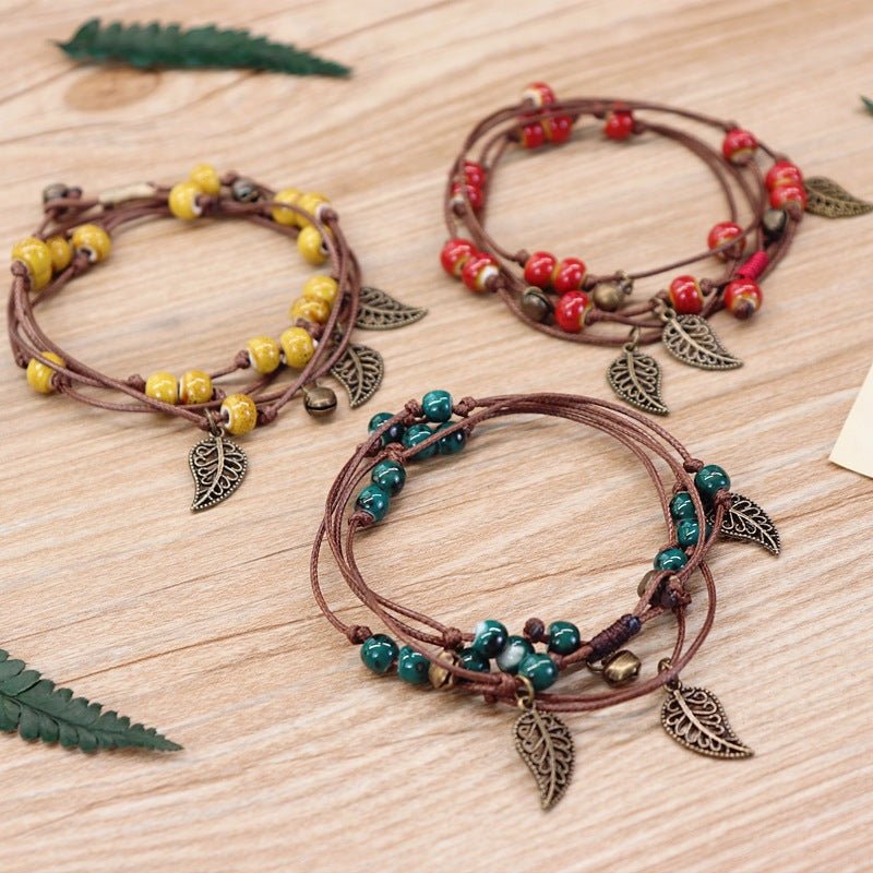 Boho Rope Bracelet with Leaf Shaped Stone Beads