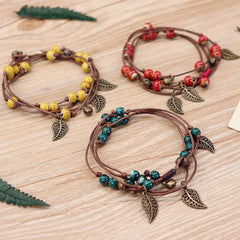 Boho Rope Bracelet with Leaf Shaped Stone Beads