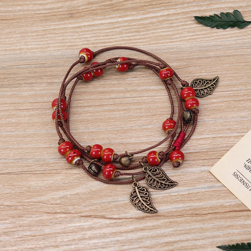 Boho Rope Bracelet with Leaf Shaped Stone Beads