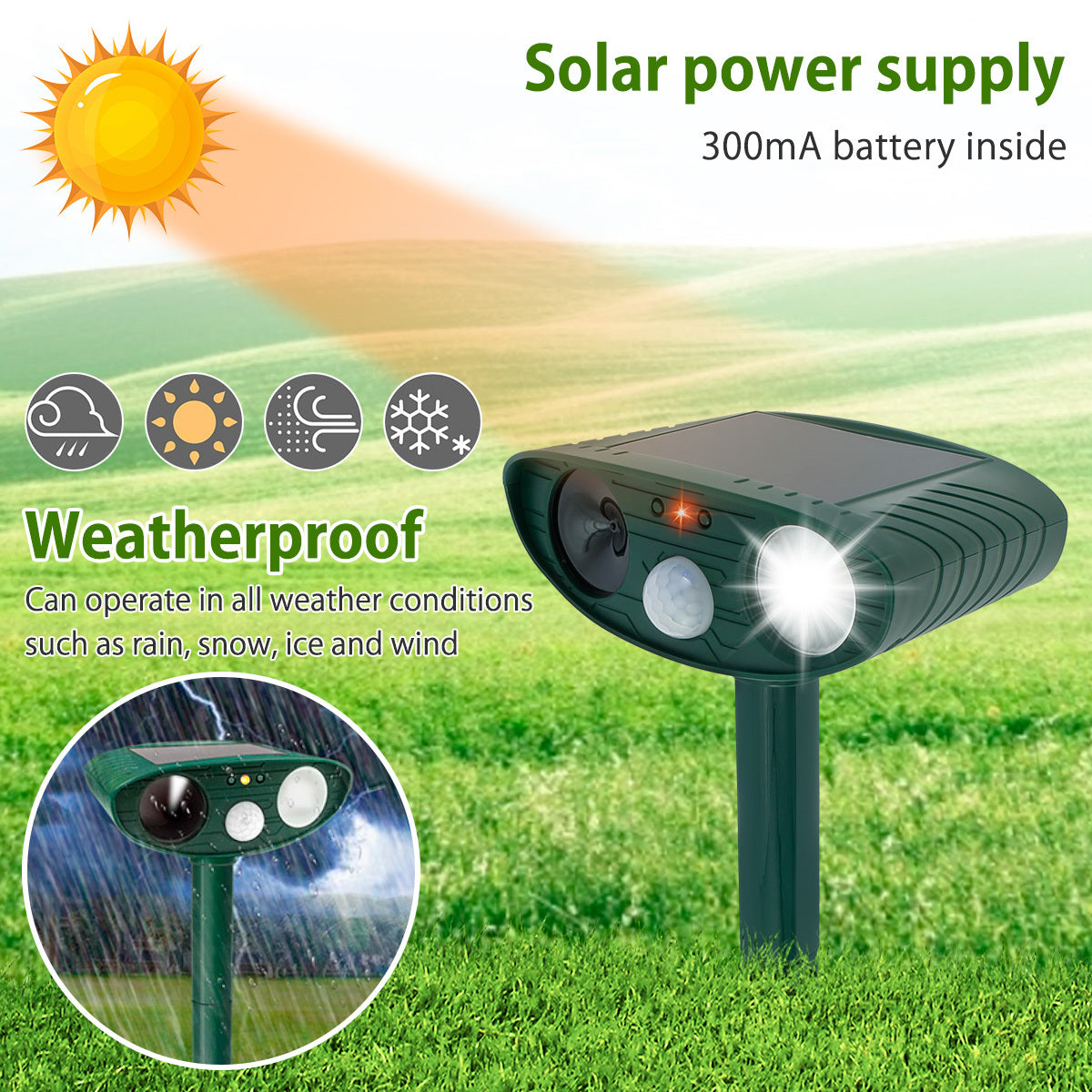 Solar Ultrasonic Animal Repellant Waterproof Deterrent