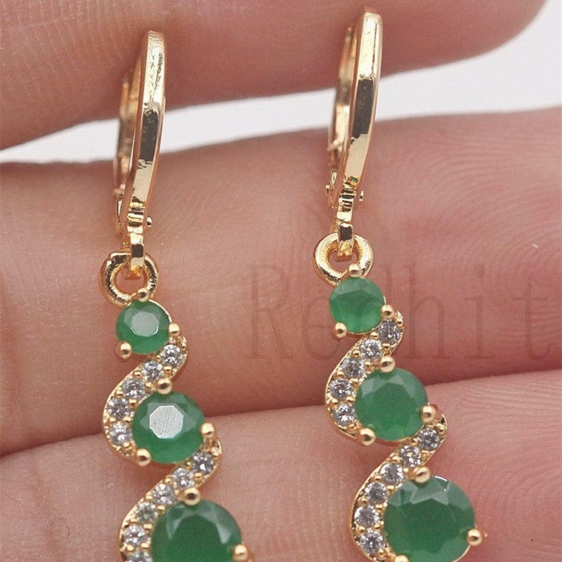 Vintage Green Stone Drop Earrings 14K Plated