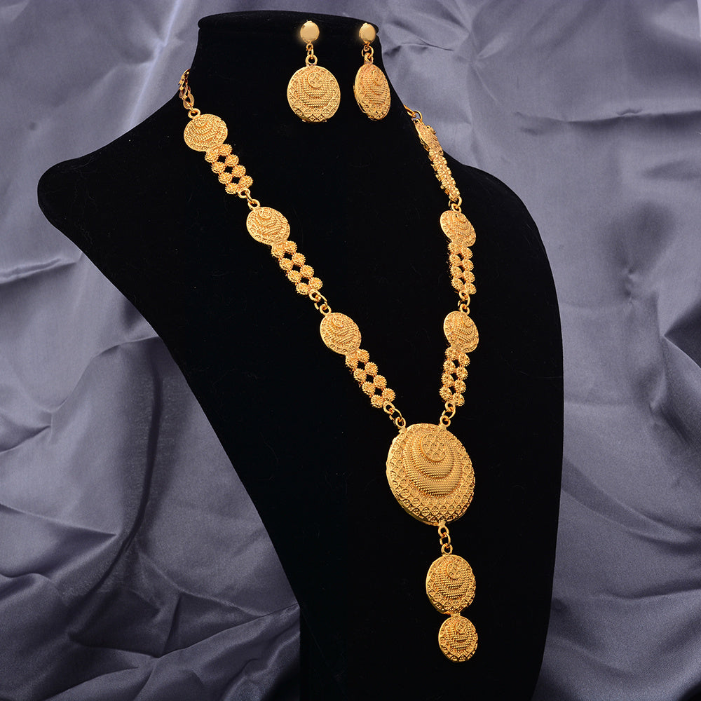 Vintage Copper Jewelry Set Pendant Necklace & Dangle Earrings 24K Plated