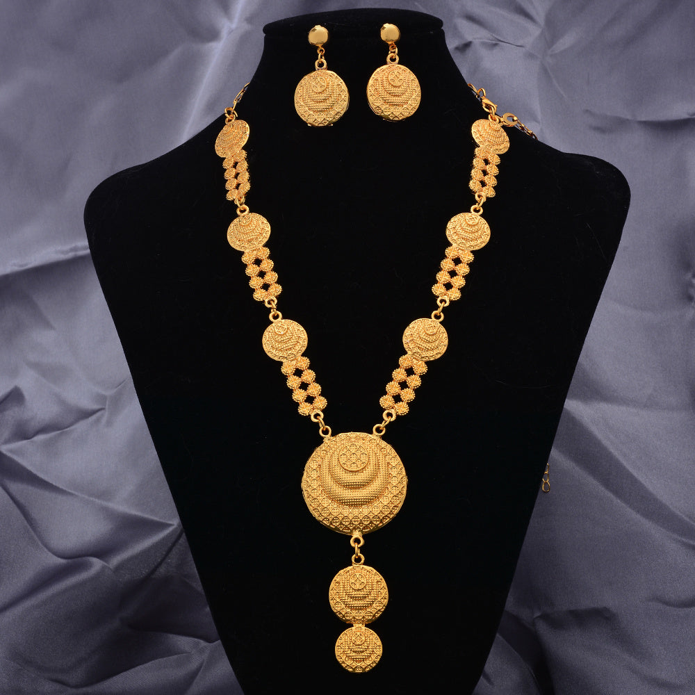 Vintage Copper Jewelry Set Pendant Necklace & Dangle Earrings 24K Plated