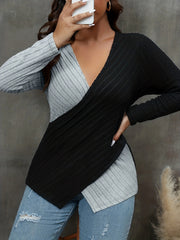  Colorblock Cross V Neck Knit Top Long Sleeve