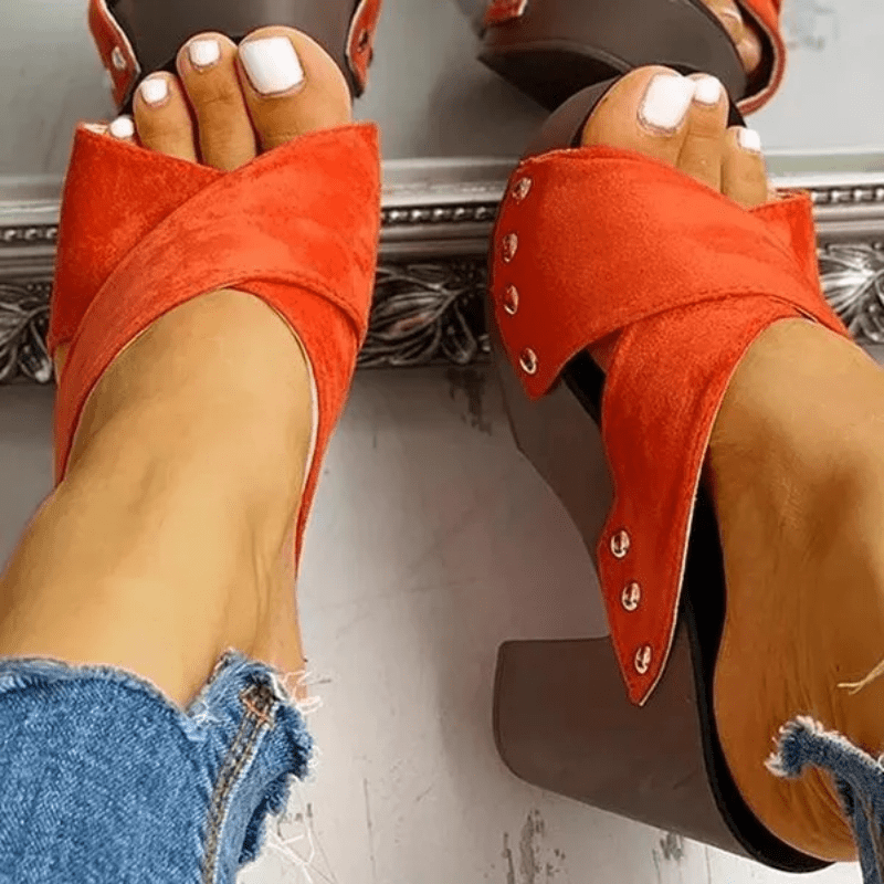 Chunky Heeled Sandals Criss Cross Platform Slip on High Heels