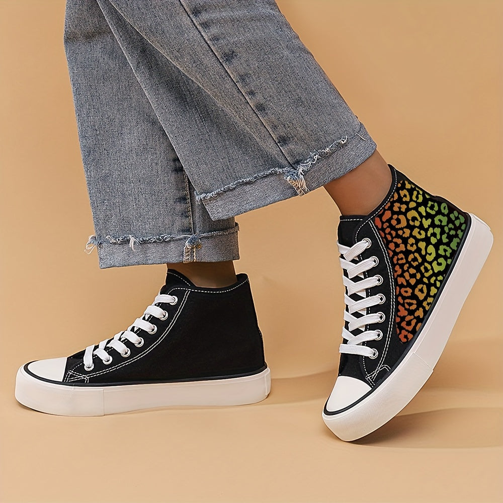Leopard Print Chunky Canvas Sneakers High Top Skate Shoes