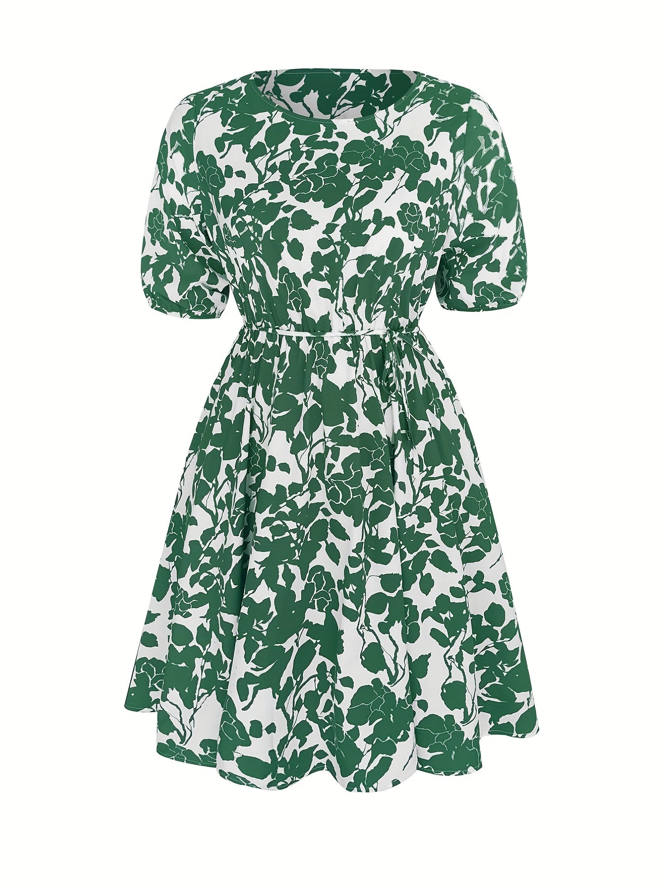  Floral Print Half Sleeve Round Neck Mini Dress With Belt