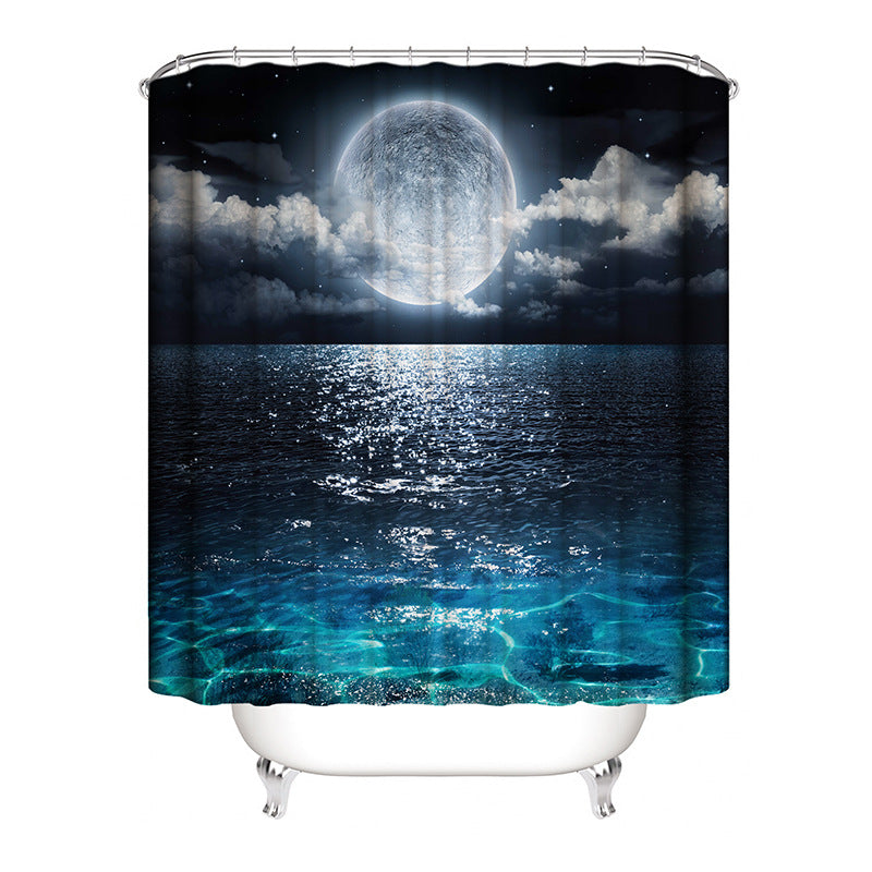 Colorful Funny Bathroom Curtain 3D Earth Moon Mountain