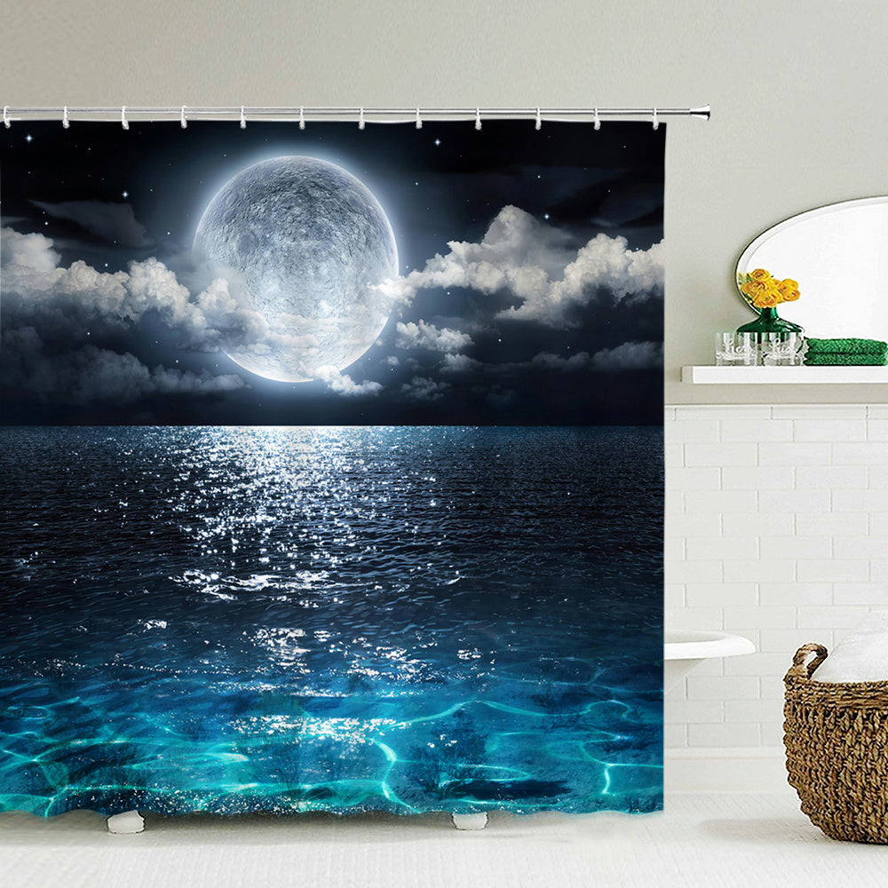 Colorful Funny Bathroom Curtain 3D Earth Moon Mountain