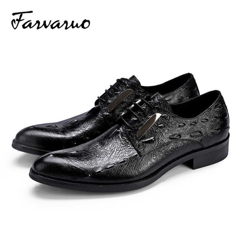 FARVARWO Crocodile Embossed Leather Shoes Pointed Toe Dress Derby Shoes
