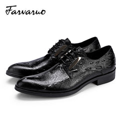 FARVARWO Crocodile Embossed Leather Shoes Pointed Toe Dress Derby Shoes