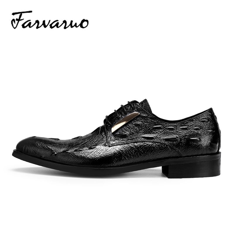 FARVARWO Crocodile Embossed Leather Shoes Pointed Toe Dress Derby Shoes