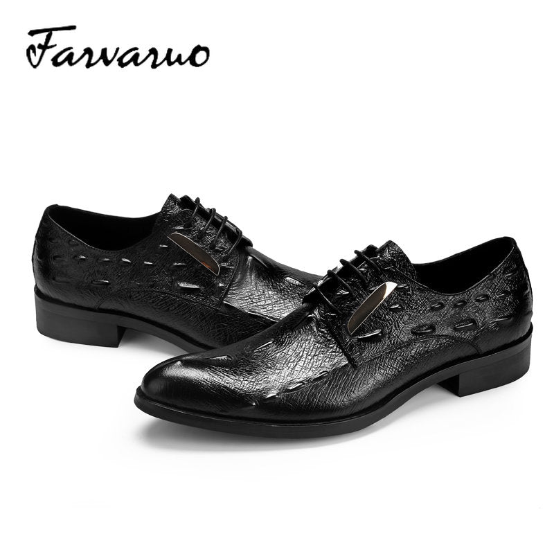 FARVARWO Crocodile Embossed Leather Shoes Pointed Toe Dress Derby Shoes