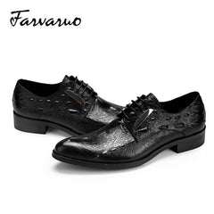 FARVARWO Crocodile Embossed Leather Shoes Pointed Toe Dress Derby Shoes