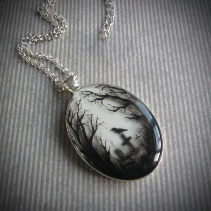 Gothic Cat Forest Charm Necklace Witch Jewelry Gift