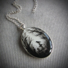 Gothic Cat Forest Charm Necklace Witch Jewelry Gift