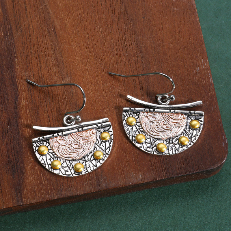 Vintage Metal Carving Pattern Fan Drop Earrings 1Pair