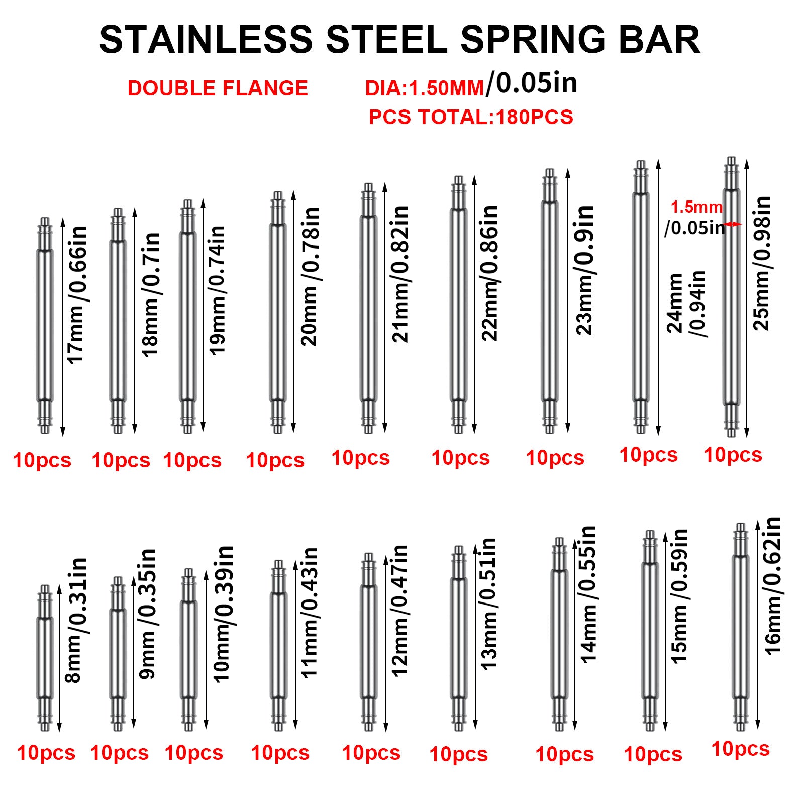 180Pcs Watch Strap Pins Spring Bar Steel Watch Band Pins Various Sizes