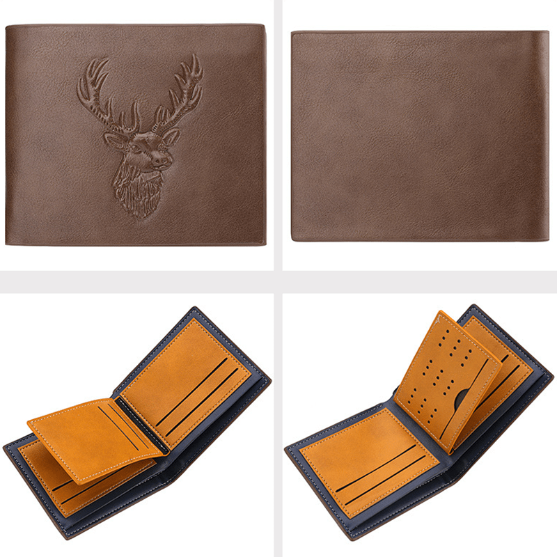 Deer Head Relief Men Leather Wallet Short Slim Male Purse