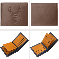 Deer Head Relief Men Leather Wallet Short Slim Male Purse
