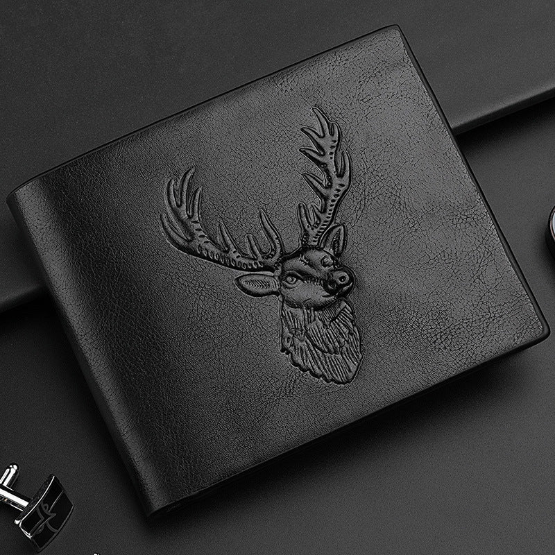 Deer Head Relief Men Leather Wallet Short Slim Male Purse