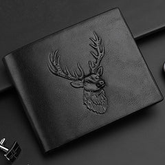 Deer Head Relief Men Leather Wallet Short Slim Male Purse