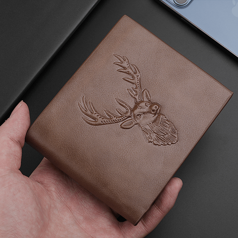 Deer Head Relief Men Leather Wallet Short Slim Male Purse