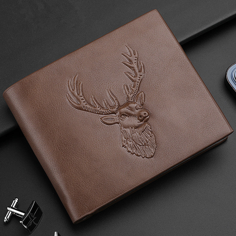 Deer Head Relief Men Leather Wallet Short Slim Male Purse
