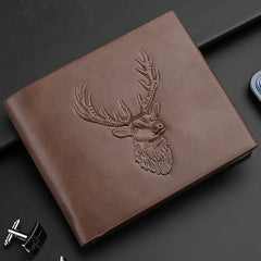 Deer Head Relief Men Leather Wallet Short Slim Male Purse