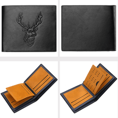 Deer Head Relief Men Leather Wallet Short Slim Male Purse