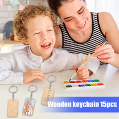 15Pcs Wooden Key Chain Blank Wooden Keyring Natural Key Tag DIY Crafts