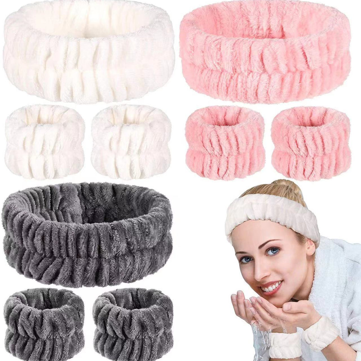 2 Pcs Wrist Wash Bands & 1 Pcs Face Washing Headband Set