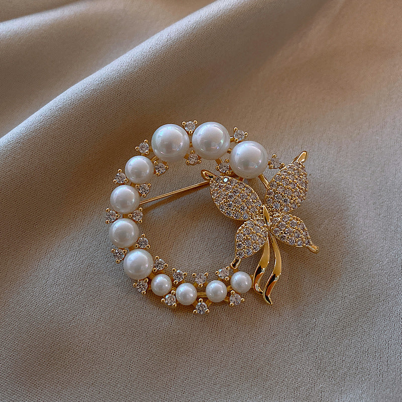 Zircon Faux Pearl Butterfly Brooch Pin Ladies Corsage