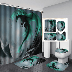 4pcs Waterproof Dragon Shower Curtain Set Flying Green Dragon Bath Mat