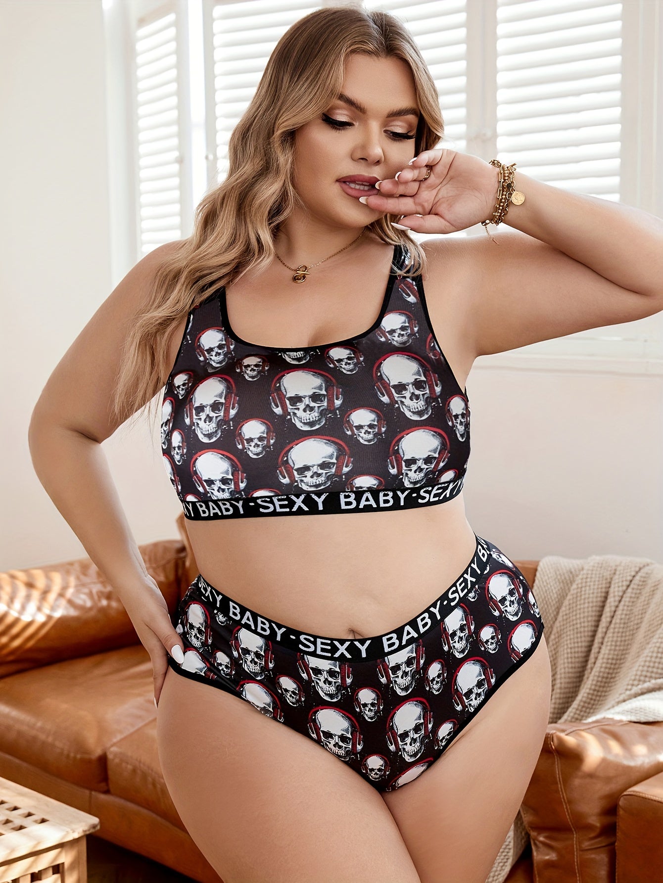  Gothic Lingerie Set Women's Plus Skull Print Tank Bra & Panty Set